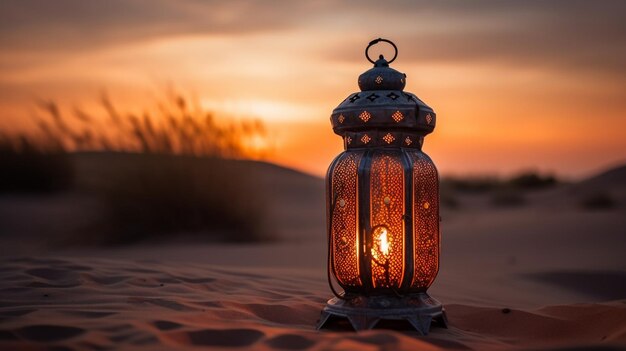 A lantern in the desert at sunset