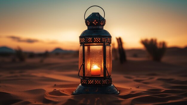 A lantern in the desert at sunset