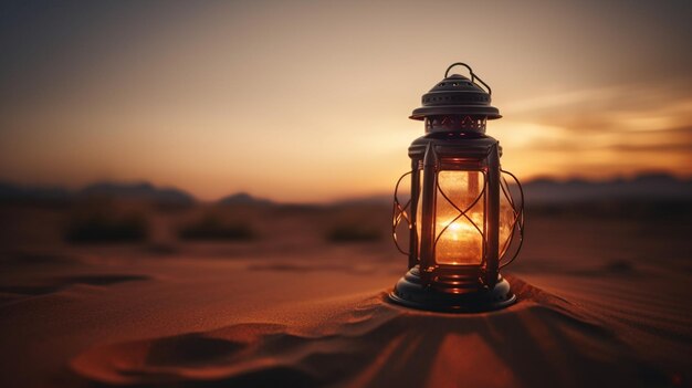 A lantern in the desert at sunset