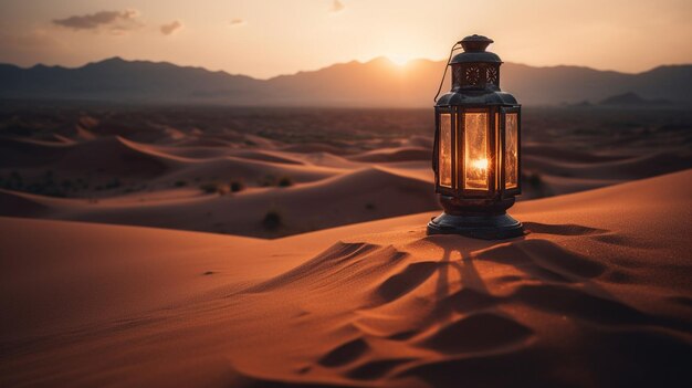 A lantern in the desert at sunset