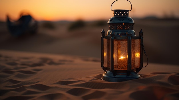 A lantern in the desert at sunset