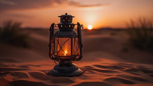 Foto una lanterna nel deserto al tramonto