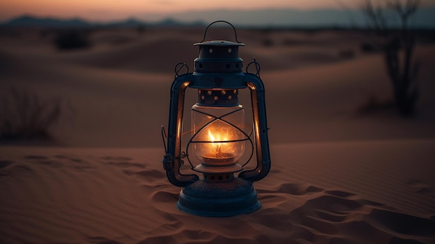 A lantern in the desert at sunset