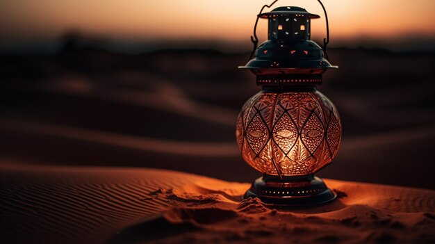 A lantern in the desert at sunset