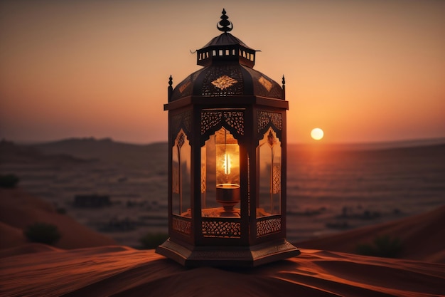 A lantern in the desert at sunset