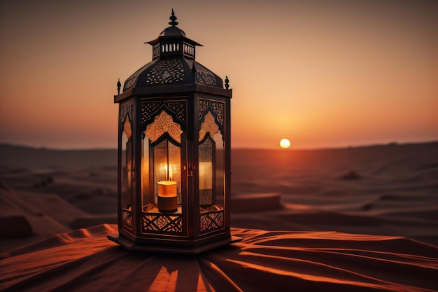 A lantern in the desert at sunset