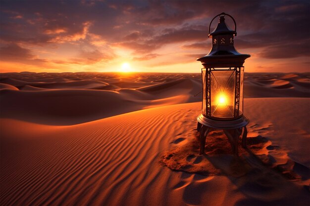 a lantern in the desert at sunset