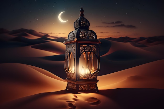 A lantern in the desert with a crescent moon in the background