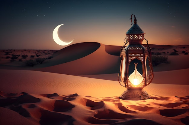 A lantern in the desert with a crescent moon in the background