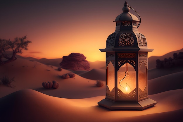 A lantern in the desert with the desert in the background