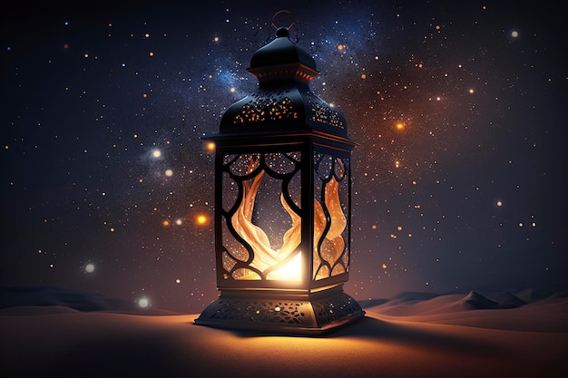 A lantern in the desert with the light on it