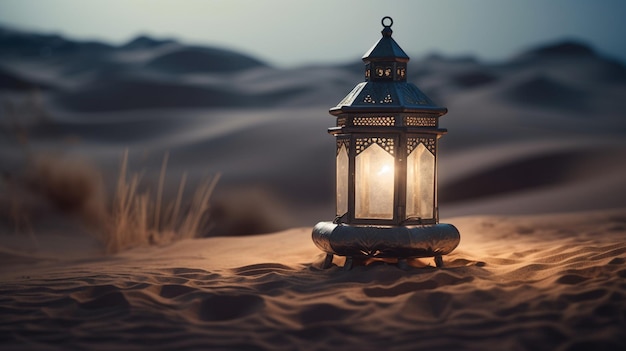 A lantern in the desert with the light on