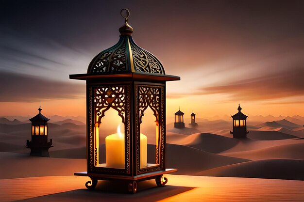 A lantern in the desert with the lights on