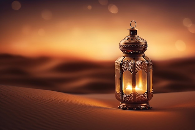 A lantern in the desert with the lights on.