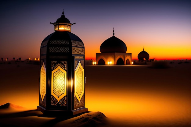 A lantern in the desert with the lights on.