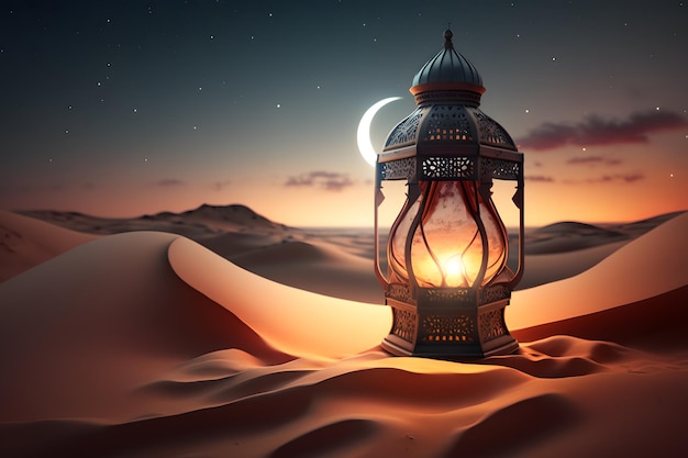 A lantern in the desert with the moon in the background