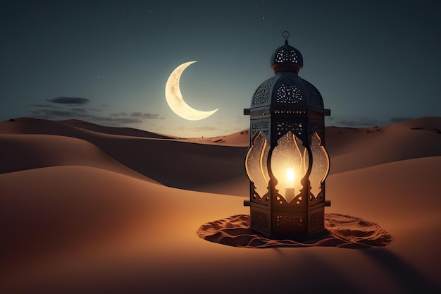 A lantern in the desert with the moon in the background