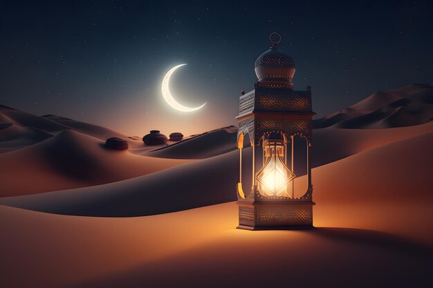 A lantern in the desert with the moon in the background