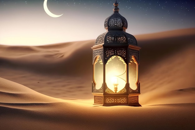 A lantern in the desert with the moon in the background