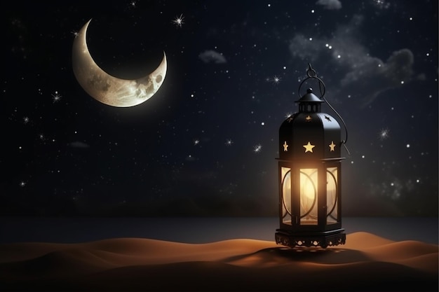 A lantern in the desert with the moon in the background