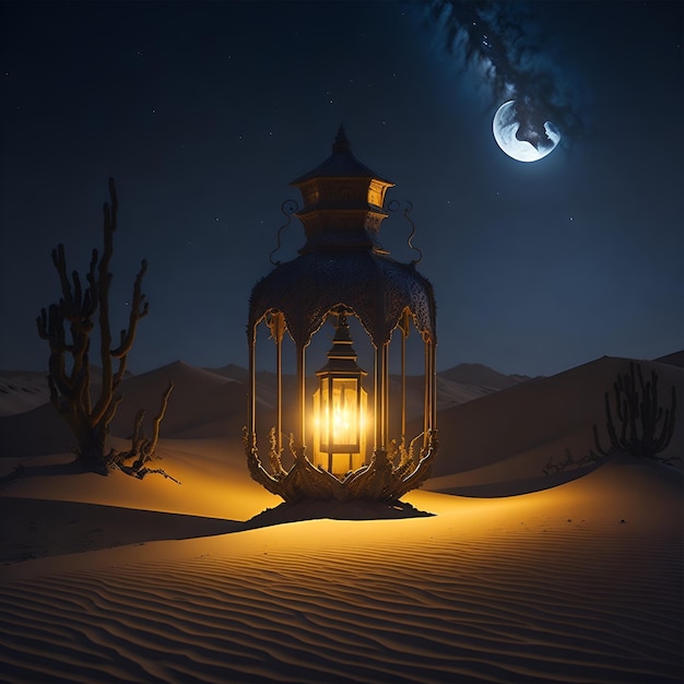 A lantern in the desert with the moon in the background.