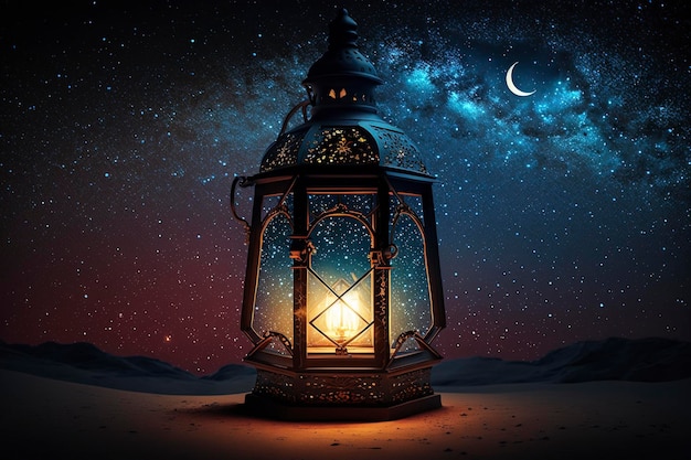 A lantern in the desert with the moon in the background