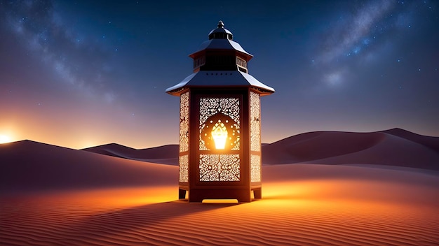 A lantern in the desert with the moon in the background