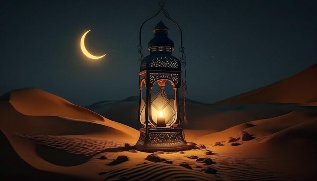 A lantern in the desert with the moon in the background.