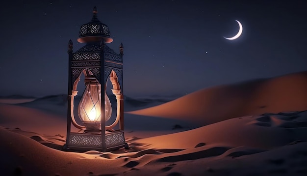 A lantern in the desert with the moon in the background