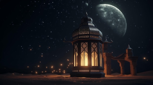 Photo a lantern on a desert with the moon in the background