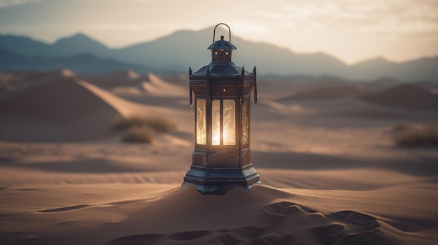 A lantern in the desert with mountains in the background
