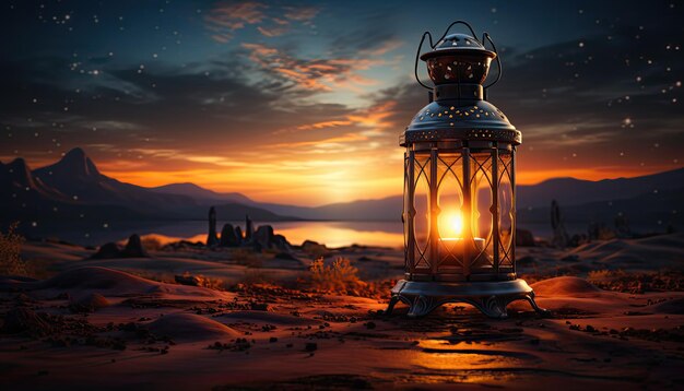 A lantern in the desert with mountains in the background