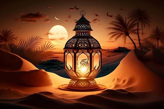 A lantern in the desert with a palm tree in the background