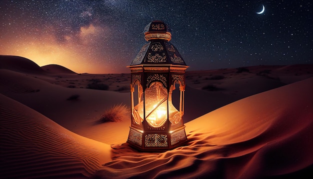 A lantern in the desert with the stars in the background