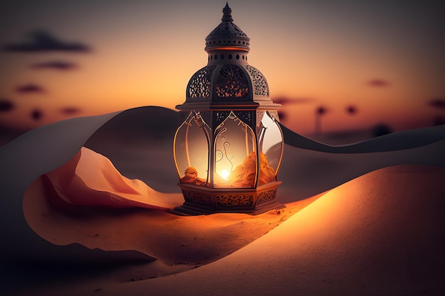 A lantern in the desert with the sun setting behind it