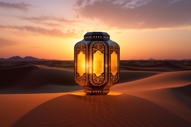 A lantern in the desert with the sun setting behind it