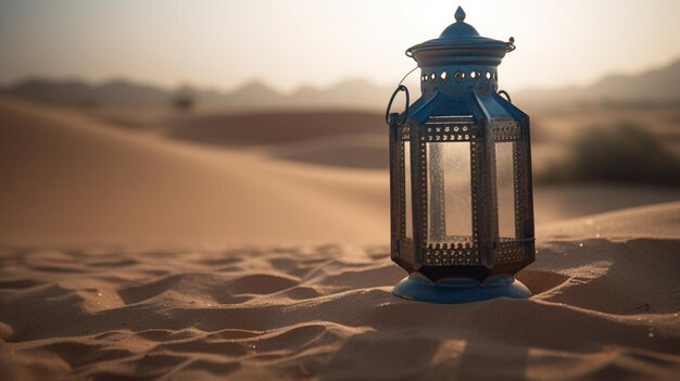 A lantern in the desert with the sun setting behind it