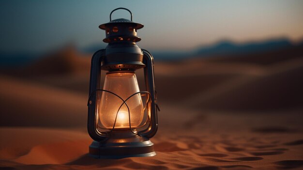 A lantern in the desert with the sun setting behind it