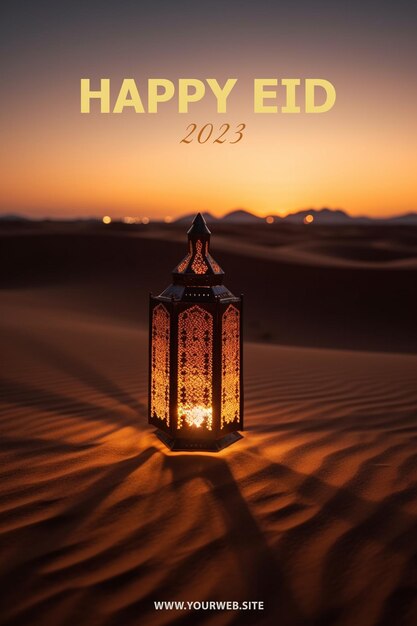 Photo a lantern in the desert with the text happy epid.