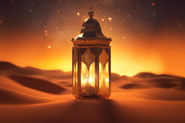 A lantern in the desert with the time of ramadan