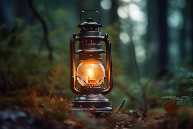 A lantern dimly glowing amidst the dense forest