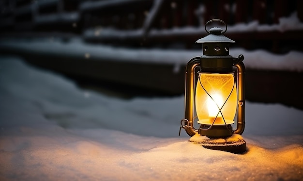 Lantern at the end of a snow covered wooden path in the style of youthful energy