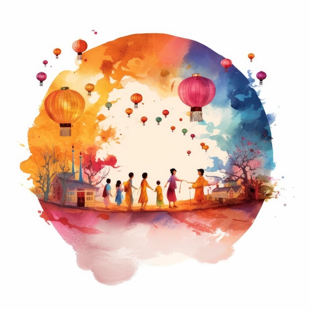 Lantern Festival in watercolor style Tshirt Design