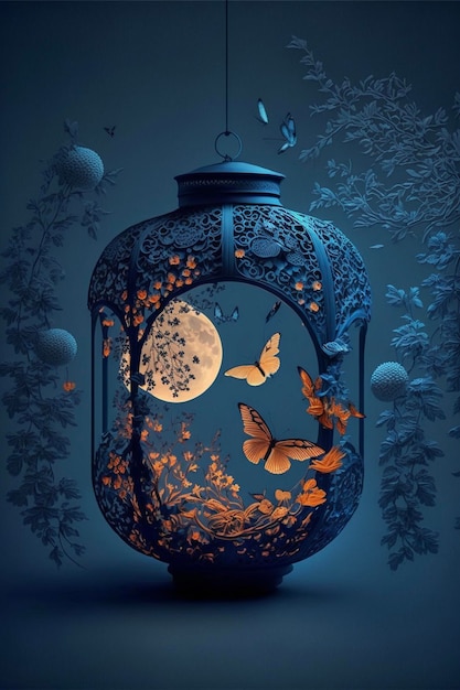 Lantern filled with butterflies and a full moon generative ai