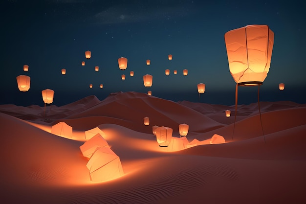 A lantern floating in the desert at night