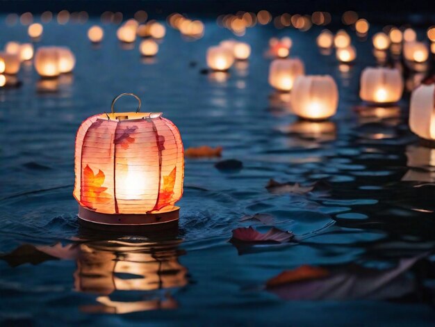 Photo a lantern floating on the lake at night