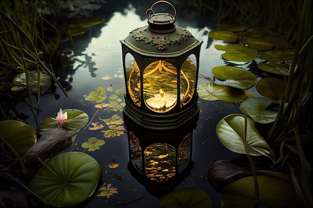 Lantern floating in still pond surrounded by greenery