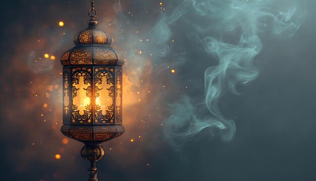 Lantern in the fog Ramadan Kareem background Islamic banner
