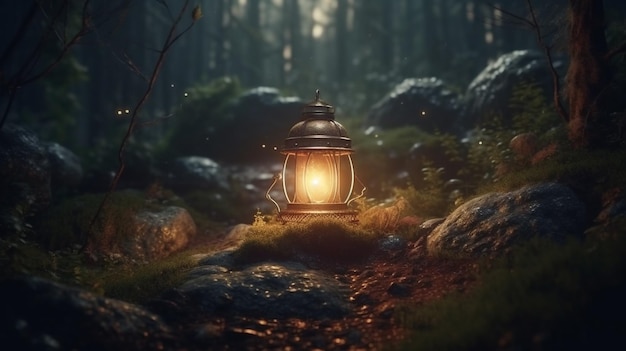 Lantern in the forest at nightgenerative ai