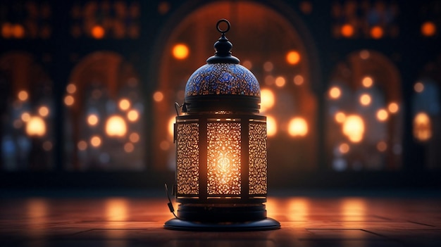 A lantern in front of a mosque with lights in the background